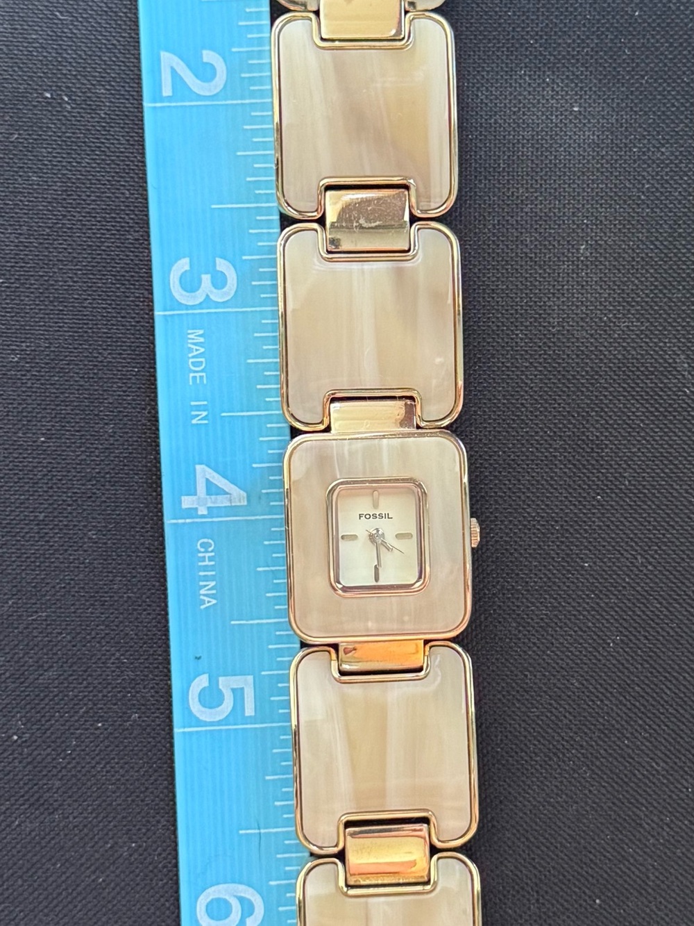Vintage Fossil Gold-Tone Square Link Bracelet Watch with Champagne Panels